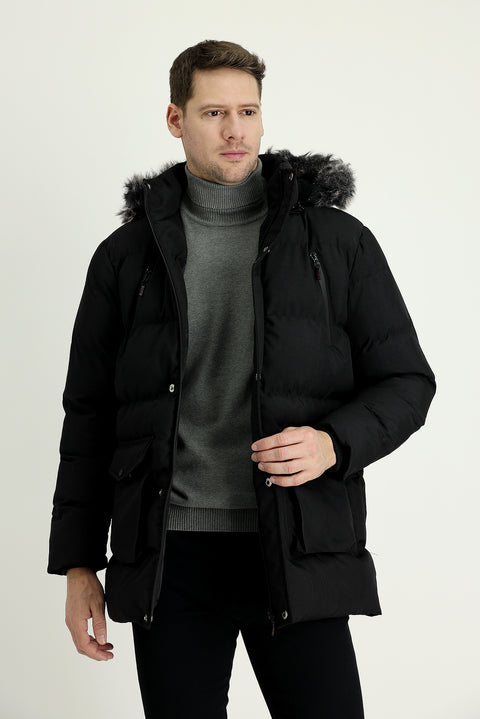 Siyah Kapüşonlu Spor Şişme Kaban