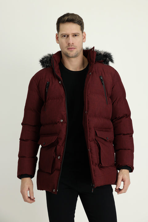 Koyu Bordo Kapüşonlu Spor Şişme Kaban