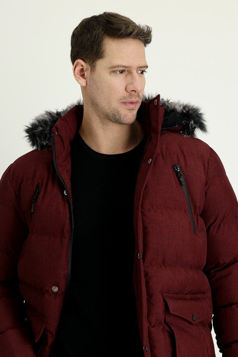 Koyu Bordo Kapüşonlu Spor Şişme Kaban