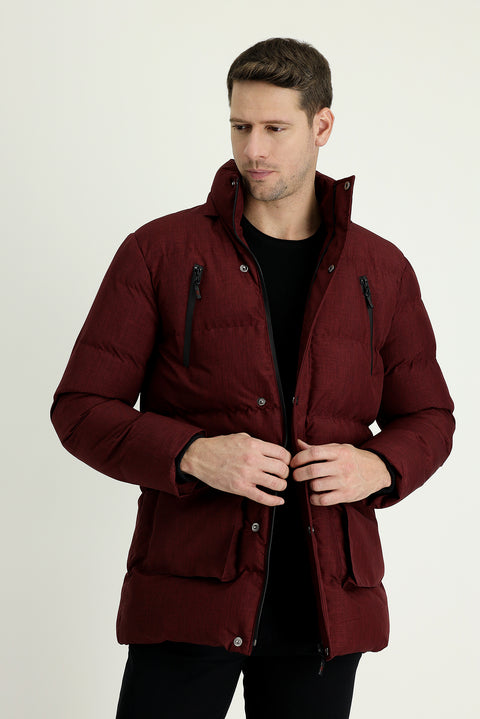 Koyu Bordo Kapüşonlu Spor Şişme Kaban