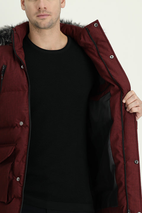 Koyu Bordo Kapüşonlu Spor Şişme Kaban