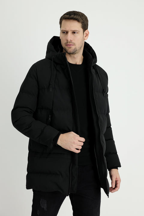 Black Hooded Puffy Sports Jacket