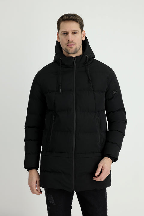 Black Hooded Puffy Sports Jacket