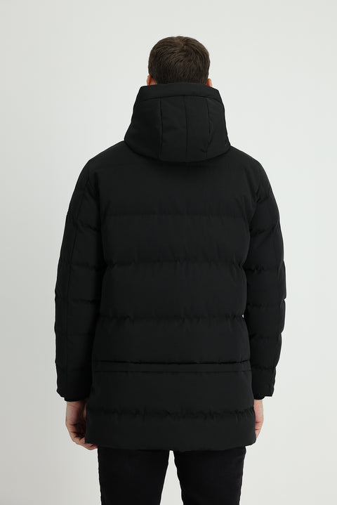 Black Hooded Puffy Sports Jacket