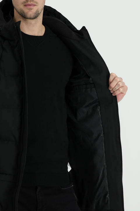 Black Hooded Puffy Sports Jacket