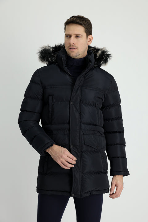 Koyu Lacivert Kapüşonlu Spor Şişme Kaban