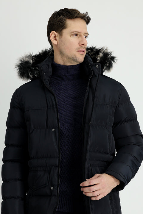 Koyu Lacivert Kapüşonlu Spor Şişme Kaban