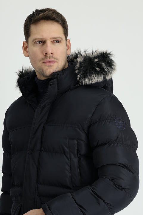 Koyu Lacivert Kapüşonlu Spor Şişme Kaban