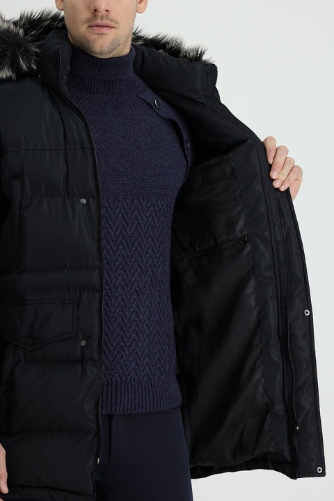 Koyu Lacivert Kapüşonlu Spor Şişme Kaban