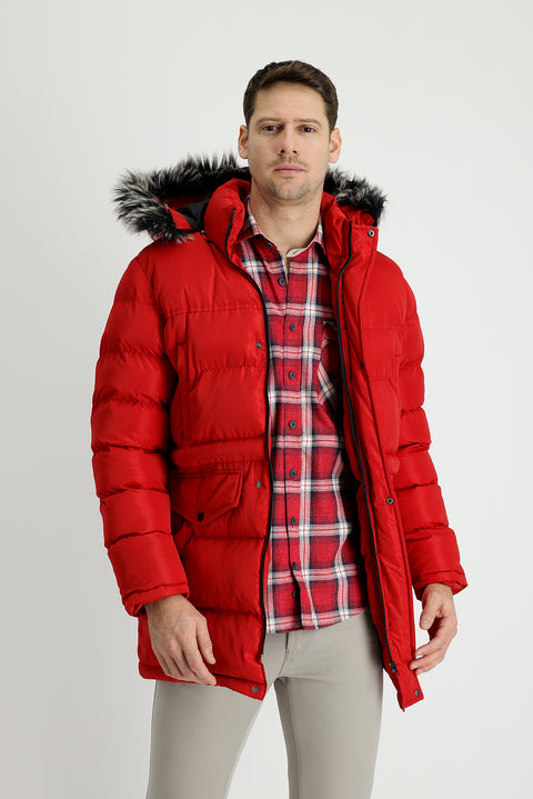 Koyu Kırmızı Kapüşonlu Spor Şişme Kaban