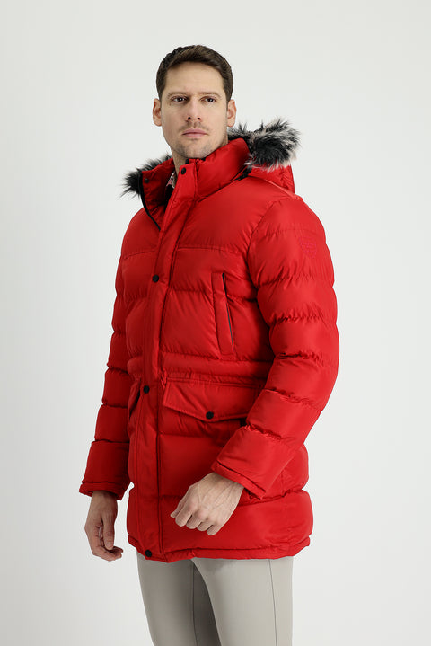 Koyu Kırmızı Kapüşonlu Spor Şişme Kaban