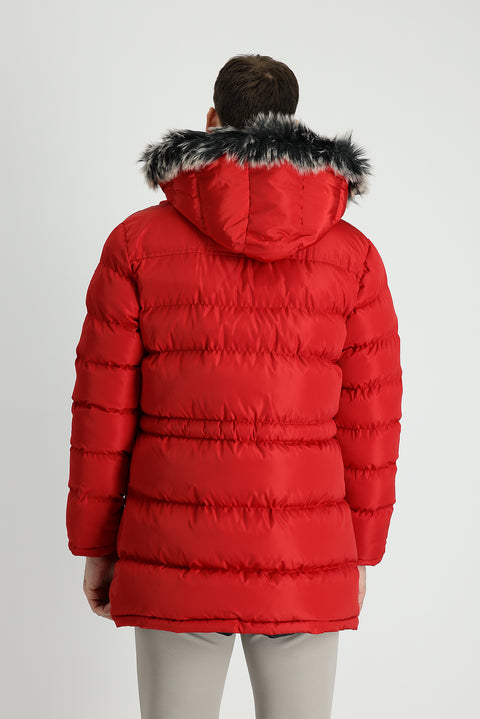 Koyu Kırmızı Kapüşonlu Spor Şişme Kaban