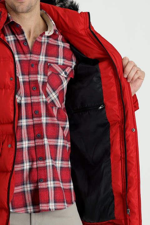 Koyu Kırmızı Kapüşonlu Spor Şişme Kaban