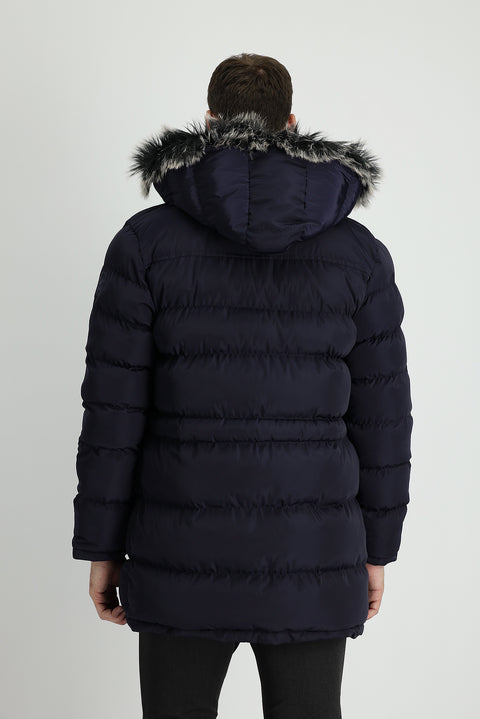 Koyu Lacivert Kapüşonlu Spor Şişme Kaban