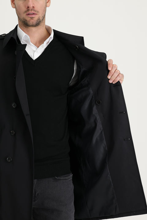 Siyah Kruvaze Pardösü & Trençkot