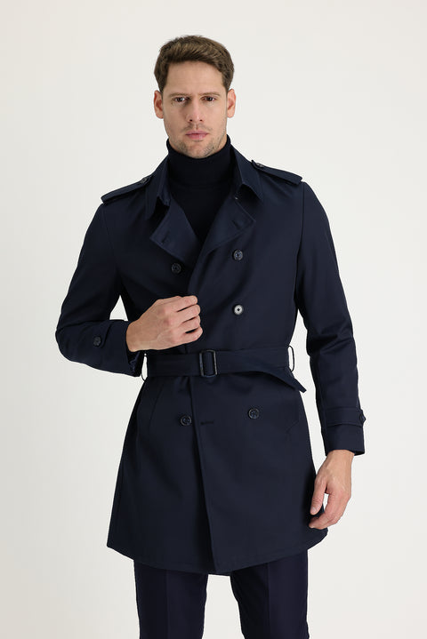 Orta Lacivert Kruvaze Pardösü & Trençkot