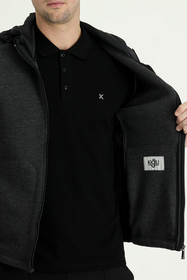 Orta Antrasit Slim Fit Dar Kesim Kapüşonlu Spor Yelek