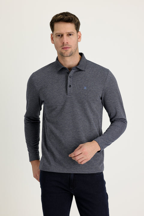 Koyu Lacivert Polo Yaka Desenli Nakışlı Sweatshirt