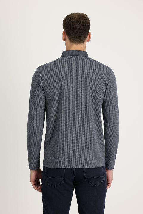 Koyu Lacivert Polo Yaka Desenli Nakışlı Sweatshirt