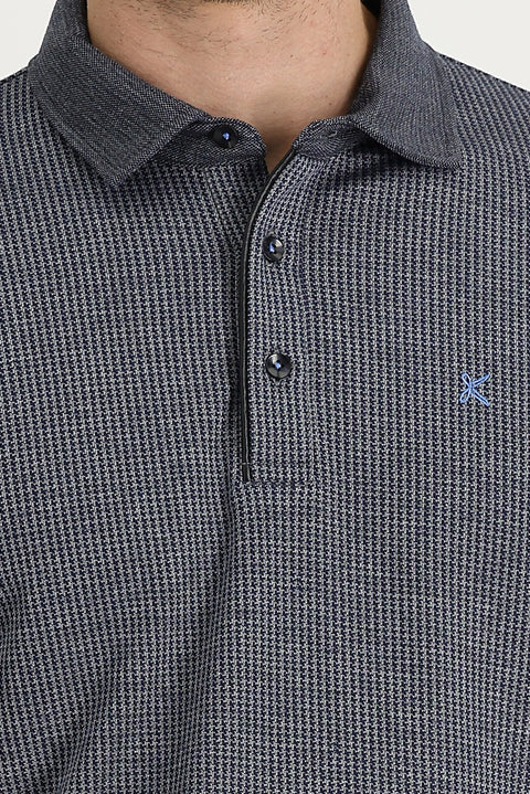 Koyu Lacivert Polo Yaka Desenli Nakışlı Sweatshirt