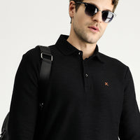 Siyah Polo Yaka Nakışlı Pamuklu Sweatshirt