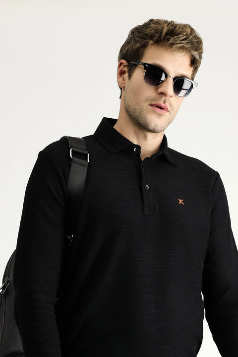 Siyah Polo Yaka Nakışlı Pamuklu Sweatshirt