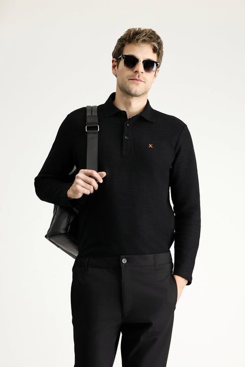 Siyah Polo Yaka Nakışlı Pamuklu Sweatshirt