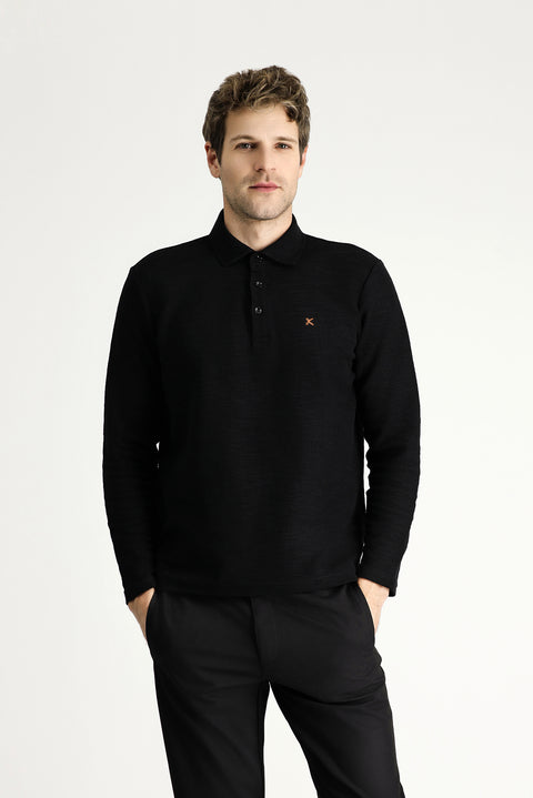 Siyah Polo Yaka Nakışlı Pamuklu Sweatshirt