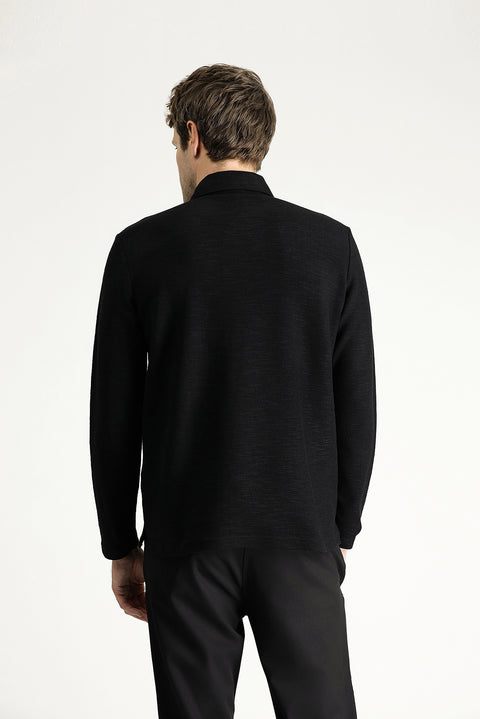 Siyah Polo Yaka Nakışlı Pamuklu Sweatshirt