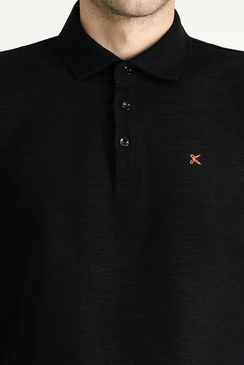 Siyah Polo Yaka Nakışlı Pamuklu Sweatshirt