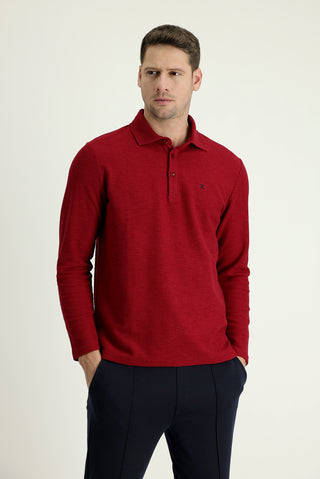  Koyu Kırmızı Polo Yaka Nakışlı Pamuklu Sweatshirt