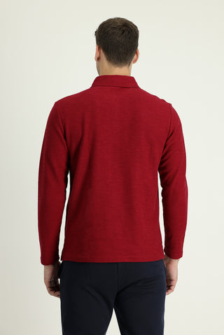  Koyu Kırmızı Polo Yaka Nakışlı Pamuklu Sweatshirt