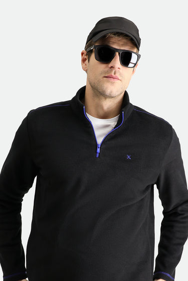  Siyah Yarım Fermuarlı Nakışlı Polar Sweatshirt