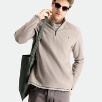 Orta Gri Melanj Yarım Fermuarlı Dik Yaka Soğuk Geçirmez Tüylenme Yapmayan Polar Sweatshirt