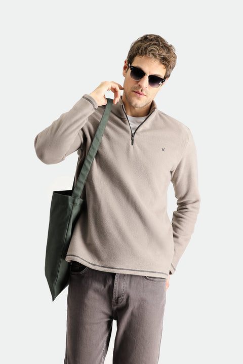 Orta Gri Melanj Yarım Fermuarlı Dik Yaka Soğuk Geçirmez Tüylenme Yapmayan Polar Sweatshirt