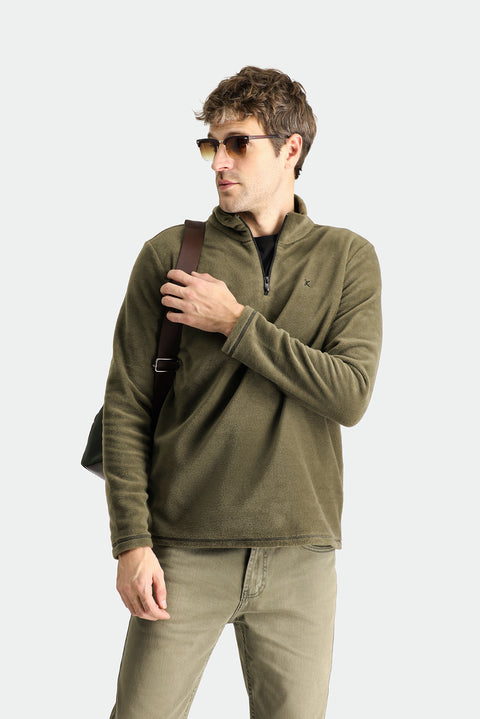 Orta Haki Yarım Fermuarlı Dik Yaka Soğuk Geçirmez Tüylenme Yapmayan Polar Sweatshirt