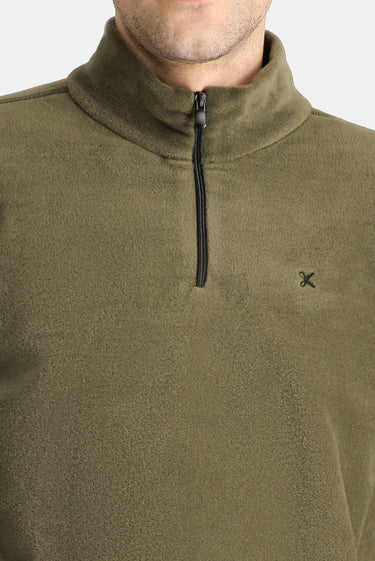 Orta Haki Yarım Fermuarlı Nakışlı Polar Sweatshirt