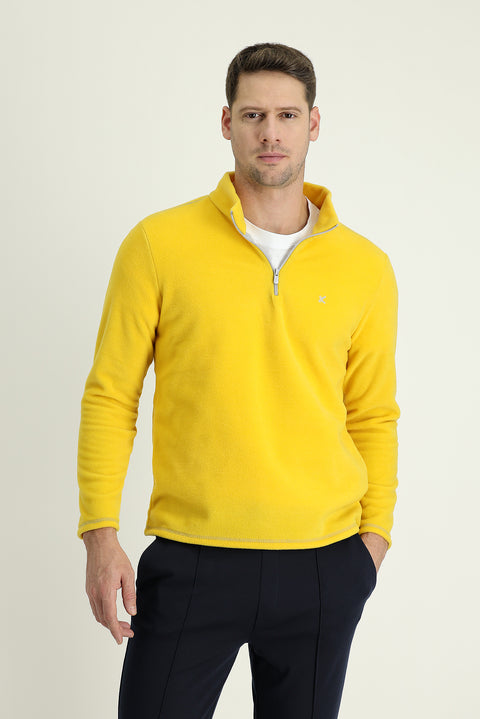 Limon Sarı Yarım Fermuarlı Dik Yaka Soğuk Geçirmez Tüylenme Yapmayan Polar Sweatshirt