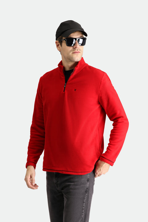 Koyu Kırmızı Yarım Fermuarlı Dik Yaka Soğuk Geçirmez Tüylenme Yapmayan Polar Sweatshirt