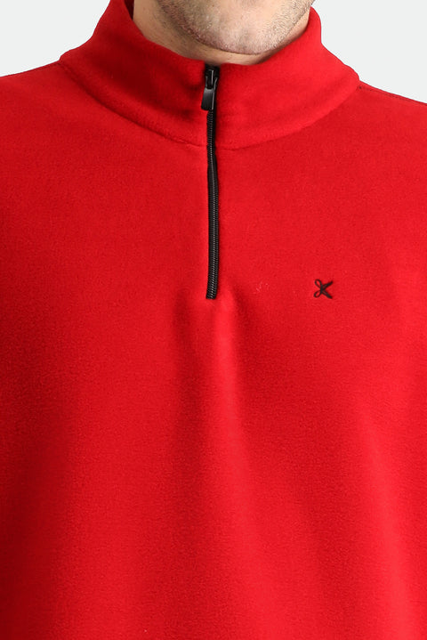 Koyu Kırmızı Yarım Fermuarlı Dik Yaka Soğuk Geçirmez Tüylenme Yapmayan Polar Sweatshirt
