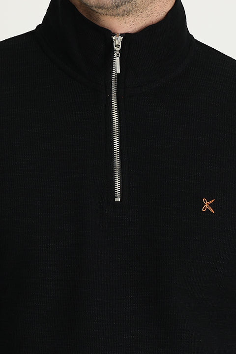 Siyah Yarım Balıkçı Yaka Fermuarlı Nakışlı Sweatshirt