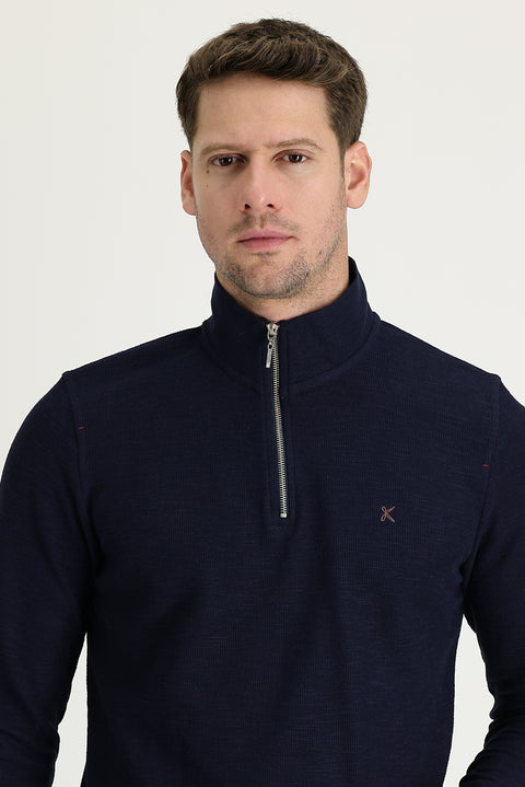 Koyu Lacivert Yarım Balıkçı Yaka Fermuarlı Nakışlı Sweatshirt