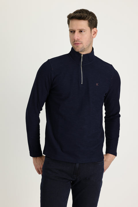 Koyu Lacivert Yarım Balıkçı Yaka Fermuarlı Nakışlı Sweatshirt