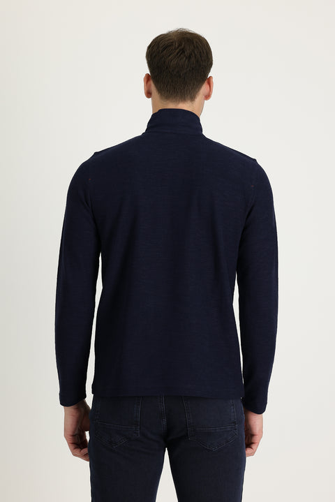 Koyu Lacivert Yarım Balıkçı Yaka Fermuarlı Nakışlı Sweatshirt