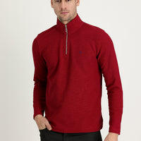 Dark Red Semi-Turtleneck Zip-Up Embroidered Sweatshirt