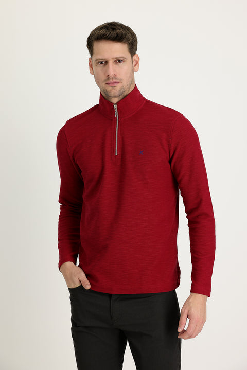 Dark Red Semi-Turtleneck Zip-Up Embroidered Sweatshirt