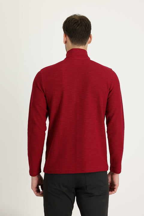Dark Red Semi-Turtleneck Zip-Up Embroidered Sweatshirt