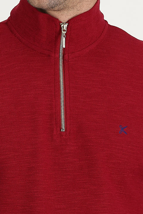 Dark Red Semi-Turtleneck Zip-Up Embroidered Sweatshirt