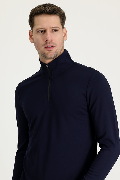 Koyu Lacivert Yarım Balıkçı Yaka Slim Fit Dar Kesim Fermuarlı Sweatshirt