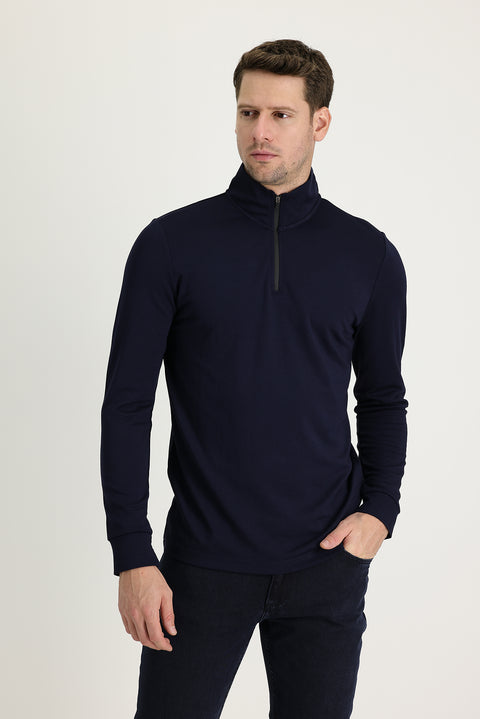 Koyu Lacivert Yarım Balıkçı Yaka Slim Fit Dar Kesim Fermuarlı Sweatshirt